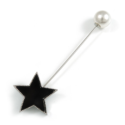 Black Acrylic Star, Pearl Bead Lapel, Hat, Suit, Tuxedo, Collar, Scarf, Coat Stick Brooch Pin In Silver Tone Metal - 65mm L