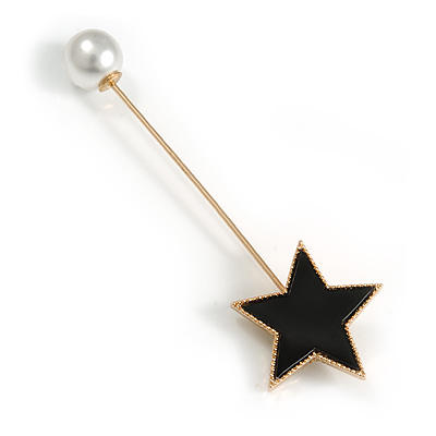 Black Acrylic Star, Pearl Bead Lapel, Hat, Suit, Tuxedo, Collar, Scarf, Coat Stick Brooch Pin In Gold Tone Metal - 65mm L - main view