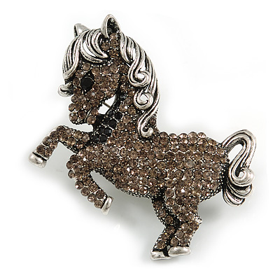 Grey Crystal Pony Brooch In Aged Silver Tone Metal - 55mm Across