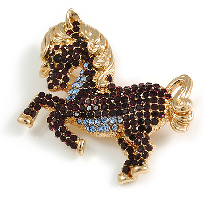 Purple/ Lavender Crystal Pony Brooch In Gold Tone Metal - 55mm Across - main view