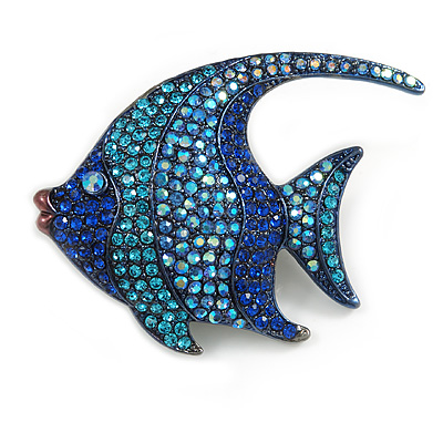 Statement Crystal Fish Brooch In Gun Metal Finish In Blue - 55mm Long - main view