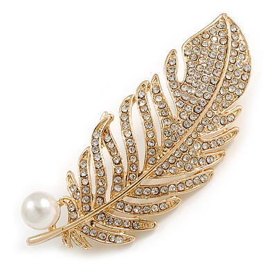 Clear Crystal White Pearl Feather Brooch/ Pendant in Gold Tone - 65mm Long