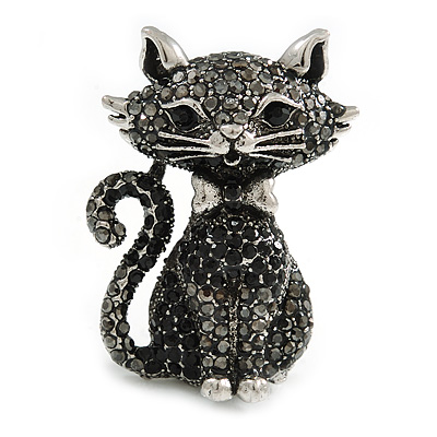Black/ Hematite Grey Crystal Kitty/ Cat Brooch/ Pendant in Silver Tone - 50mm Tall - main view