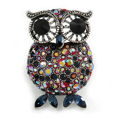 Vintage Inspired Red/ Blue Crystal Owl Brooch In Aged Silver Tone - 50mm Tall - main view