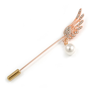 Rose Gold Tone Clear Crystal Wing with Pearl Bead Lapel, Hat, Suit, Tuxedo, Collar, Scarf, Coat Stick Brooch Pin - 65mm L - main view
