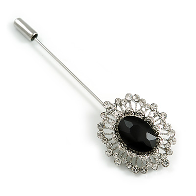 Oval Clear/ Black Crystal Lapel, Hat, Suit, Tuxedo, Collar, Scarf, Coat Stick Brooch Pin In Silver Tone - 65mm L