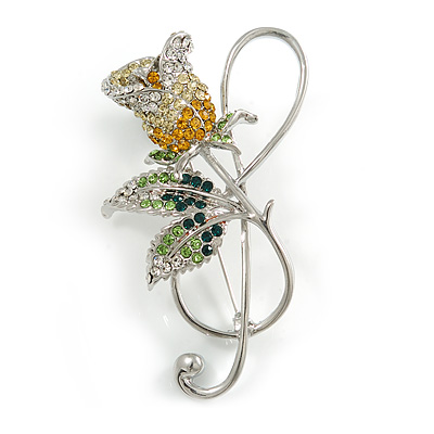 Large Silver Treble Clef Green/ Orange/ Clear Crystal Rose Brooch - 7cm Long - main view