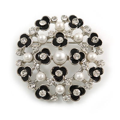 Vintage Inspired Crystal Faux Pearl Floral Round Brooch In Rhodium Plated Metal - 35mm Diameter - main view