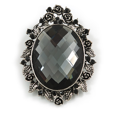 Vintage Inspired Oval Faceted Glass Cameo Brooch In Aged Silver Tone - 60mm Tall - main view