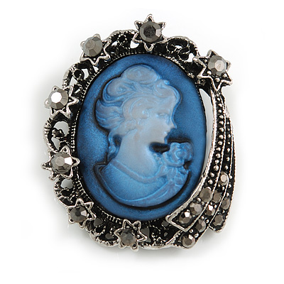 Vintage Inspired Hematite Diamante Blue Cameo Brooch in Aged Silver Tone - 40mm Long - main view