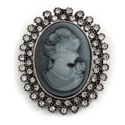 Vintage Inspired Clear Crystal Dark Grey Cameo Brooch In Aged Silver Tone - 45mm Tall - main view