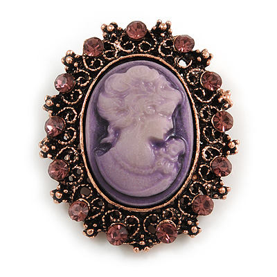 Vintage Inspired Filigree Oval Lilac Cameo Crystal Brooch in Bronze Tone - 40mm Tall - main view