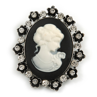 Vintage Inspired Clear Crystal Oval Black/ White Acrylic Cameo In Aged Silver Tone Metal - 55mm L - main view