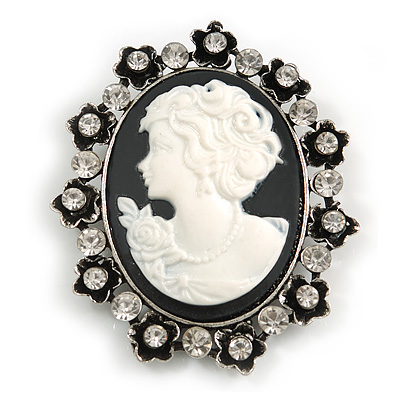 Vintage Inspired Clear Crystal Oval Black/ White Acrylic Cameo In Aged Silver Tone Metal - 55mm L - main view