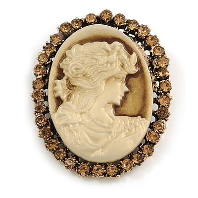 Vintage Inspired Citrine Crystal Beige Cameo Brooch In Antique Gold Tone - 45mm L - main view