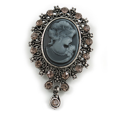Vintage Inspired Filigree Grey Crystal Cameo Brooch In Antique Silver Tone - 55mm L