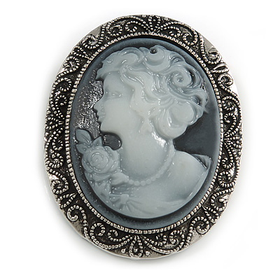 Vintage Inspired Filigree Grey Cameo Brooch In Antique Silver Tone - 45mm L - main view