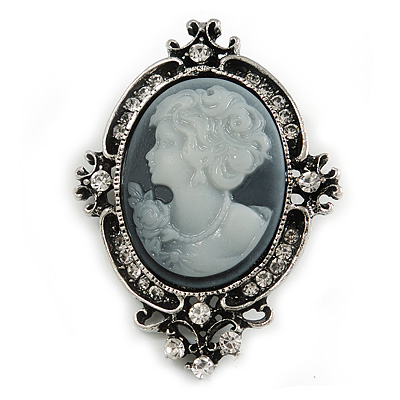 Vintage Inspired Clear Diamante Grey Cameo Brooch in Aged Silver Tone - 65mm Long - main view