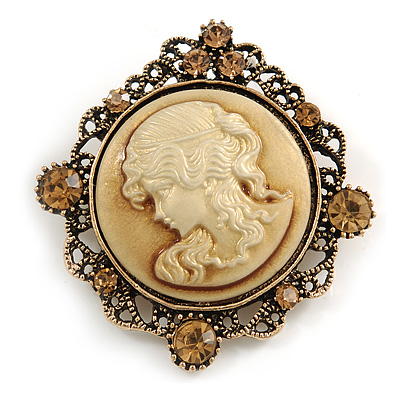 Vintage Inspired Topaz Crystal Round Beige Cameo Brooch In Aged Gold Metal - 50mm Tall - main view