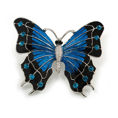 Large Black/ Blue Enamel, Crystal Butterfly Brooch In Rhodium Plating - 50mm Across - main view