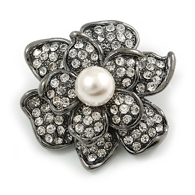 Clear Crystal Faux Pearl Flower Brooch in Gun Metal Finish - 40mm D - main view