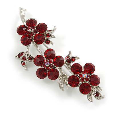 Ruby Red Crystal Triple Flower Brooch In Silver Tone - 60mm Across - main view