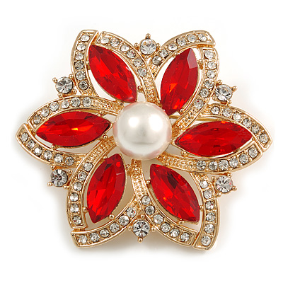 Red/ Clear Glass Crystal Flower Brooch In Gold Tone - 55mm Across - main view