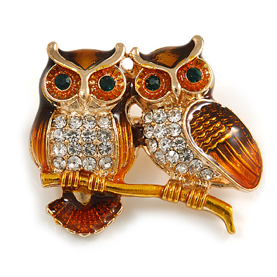 Two Clear Crystal Brown Enamel Owls Small Brooch in Gold Tone - 35mm Across