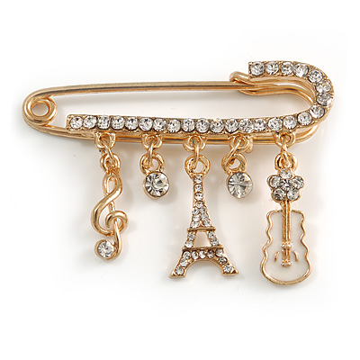 Medium Gold Tone Crystal Safety Pin Brooch with Musical Note, Eiffel Tower Charms/50mm