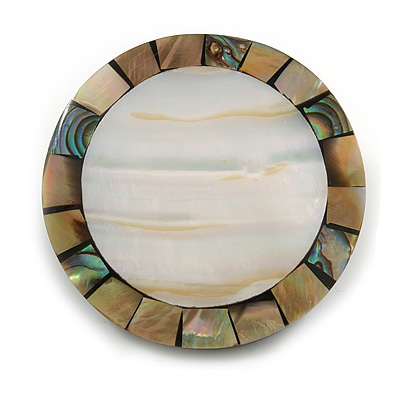 40mm L/Round Sea Shell Brooch/Silvery/Natural/Abalone Shades/ Handmade/ Slight Variation In Colour/Natural Irregularities - main view