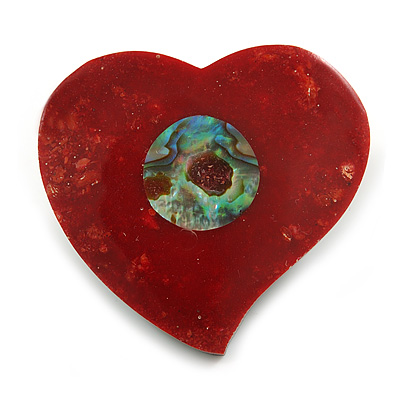 40mm L/Heart Shape Sea Shell Brooch/Red/Abalone Shades/ Handmade/ Slight Variation In Colour/Natural Irregularities