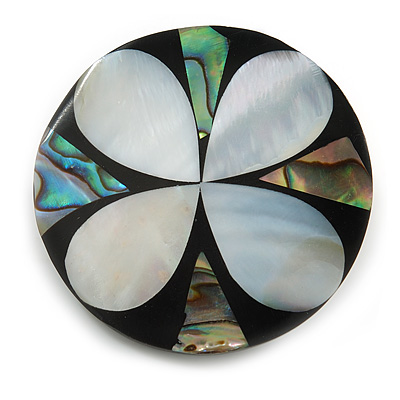 40mm L/Round Flower Motif Sea Shell Brooch/Black/Silvery/Abalone Shades/ Handmade/ Slight Variation In Colour/Natural Irregularities - main view