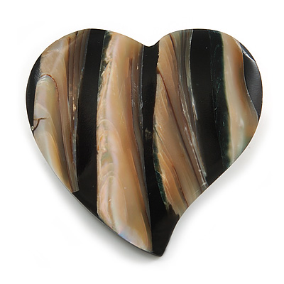 40mm L/Heart Shape Sea Shell Brooch/Black/Brown/Natural Shades/ Handmade/ Slight Variation In Colour/Natural Irregularities - main view