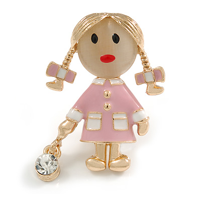Funky Pink Enamel/ Acrylic Bead Doll Brooch with Crystal Purse In Gold Tone Metal/ 40mm L - main view