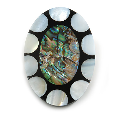 45mm L/Oval Sea Shell Brooch/ Silver/Black/Abalone Colours/ Handmade/Slight Variation In Colour/Natural Irregularities - main view