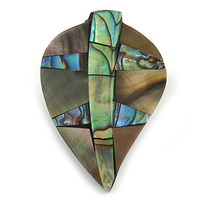 45mm L/Leaf Shape Sea Shell Brooch/Natural/Abalone Shades/ Handmade/ Slight Variation In Colour/Natural Irregularities - main view
