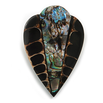 45mm L/Leaf Shape Sea Shell Brooch/Brown/Black/Abalone Shades/ Handmade/ Slight Variation In Colour/Natural Irregularities - main view