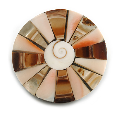 40mm L/Round Sea Shell Brooch/White/Cream/Brown Shades/ Handmade/ Slight Variation In Colour/Natural Irregularities - main view