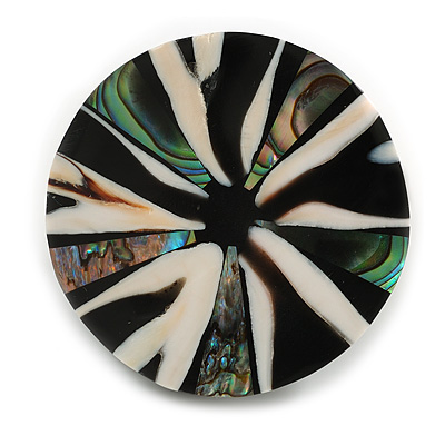 40mm L/Round Sea Shell Brooch/White/Black/Abalone Shades/ Handmade/ Slight Variation In Colour/Natural Irregularities - main view