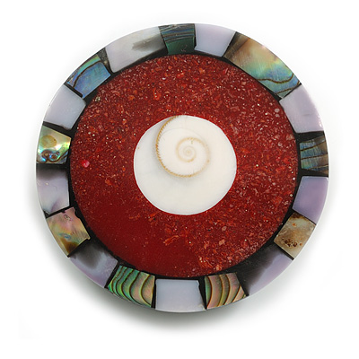 40mm L/Round Sea Shell Brooch/Red/White/Purple/Abalone Shades/ Handmade/ Slight Variation In Colour/Natural Irregularities - main view