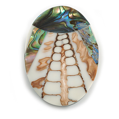 45mm L/Oval Sea Shell Brooch/Natural/White/Abalone Colours/ Handmade/Slight Variation In Colour/Natural Irregularities - main view