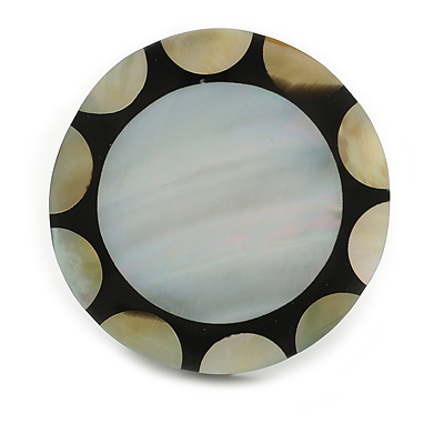 40mm L/Round Sea Shell Brooch/Silver/Black/Beige Shades/ Handmade/ Slight Variation In Colour/Natural Irregularities - main view