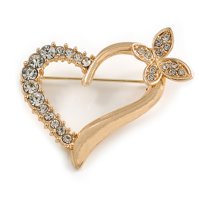 Open Diamante Heart&Butterfly Brooch In Gold Tone - 4cm Tall - main view