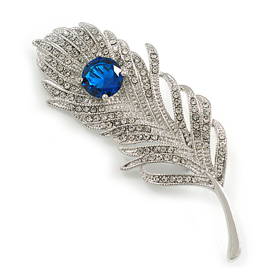 CZ/ Clear/Blue Austrian Crystal Peacock Feather Brooch In Silver Tone Metal - 7cm Long