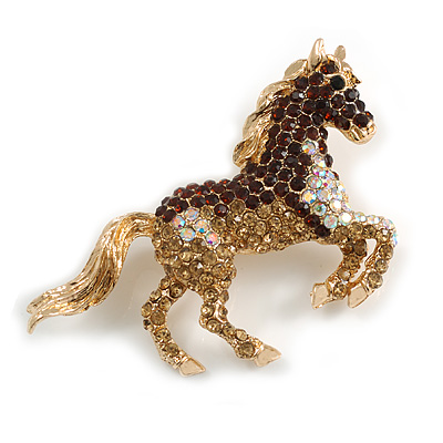 Brown/Citrine/ AB Pave Set Crystal Horse Brooch in Gold Tone - 65mm Across - main view