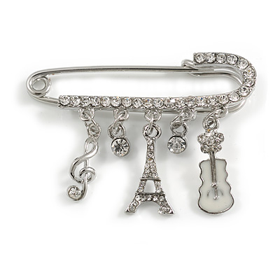 Medium Silver Tone Crystal Safety Pin Brooch with Musical Note, Eiffel Tower Charms/50mm - main view