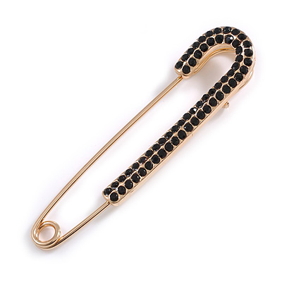 Classic Black Austrian Crystal Safety Pin Brooch In Gold Tone - 75mm Across