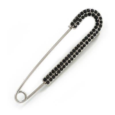 Classic Black Austrian Crystal Safety Pin Brooch In Silver Tone - 75mm Across