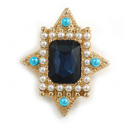 Vintage Inspired Blue Glass, White/ Light Blue Faux Pearl Dimond Shape Brooch/ Pendant in Gold Tone - 45mm Tall - main view