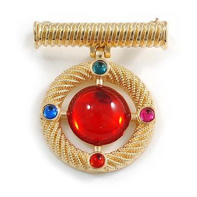 Vintage Inspired Multicoloured Glass Bead Medal Shape Brooch In Gold Tone - 45mm Drop - main view